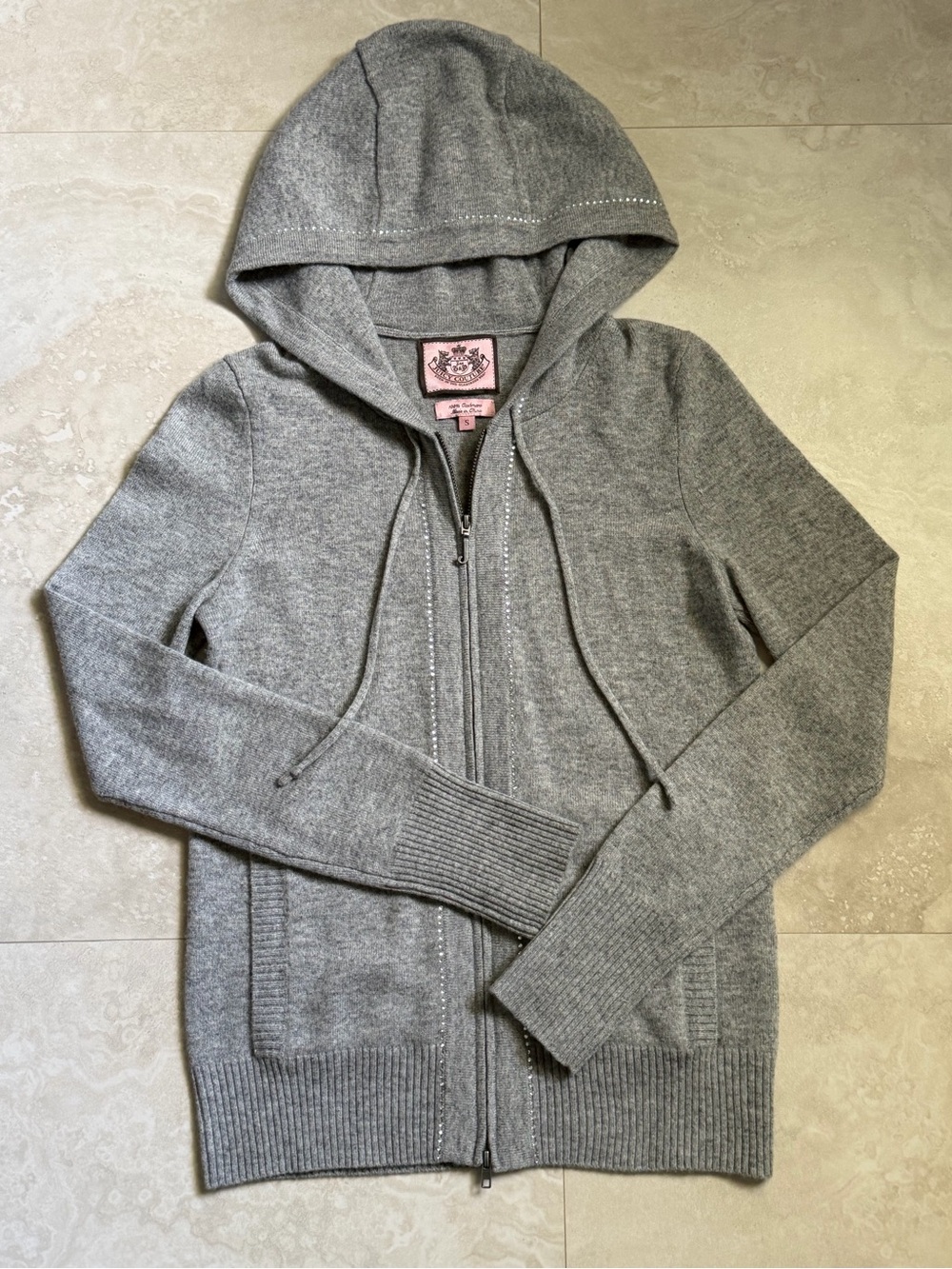 Juicy Couture Gray Cashmere Zip Hoodie with Pink Label